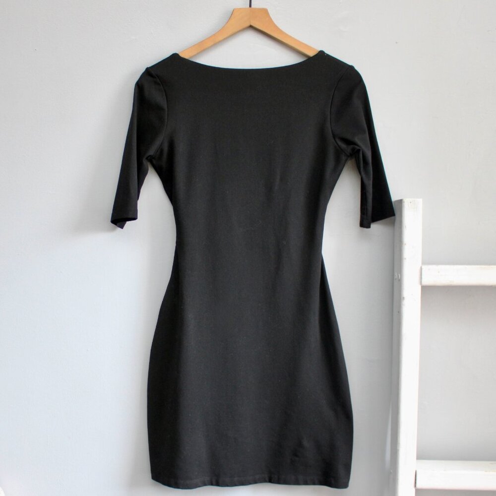 Susan Monaco Black Ruched Faux Wrap Crossover Short Sleeve Mini Dress sz Medium - Picture 3 of 6
